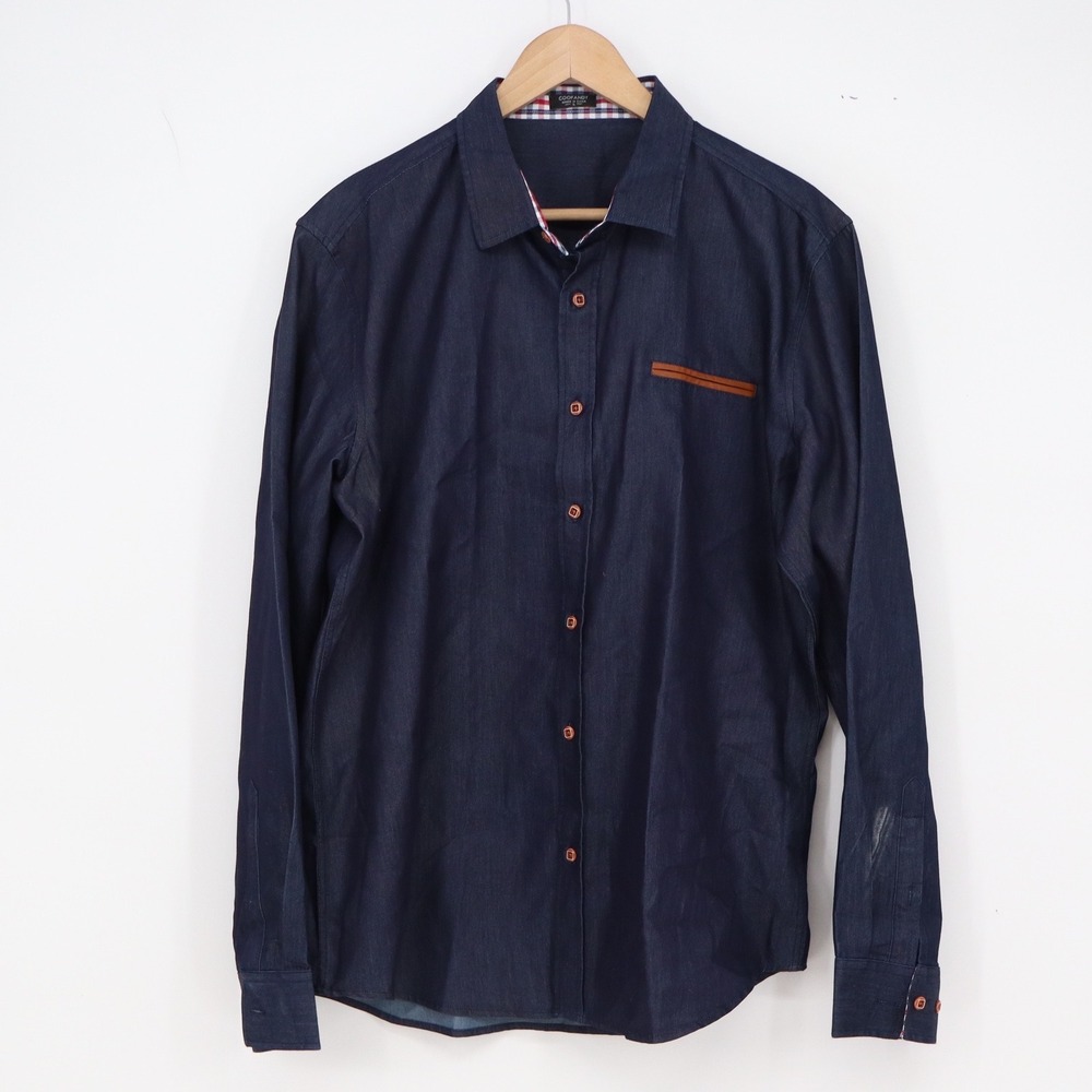 Coofandy Shirt Mens L Button-Down Navy Blue Faux Leather Trim Excellent